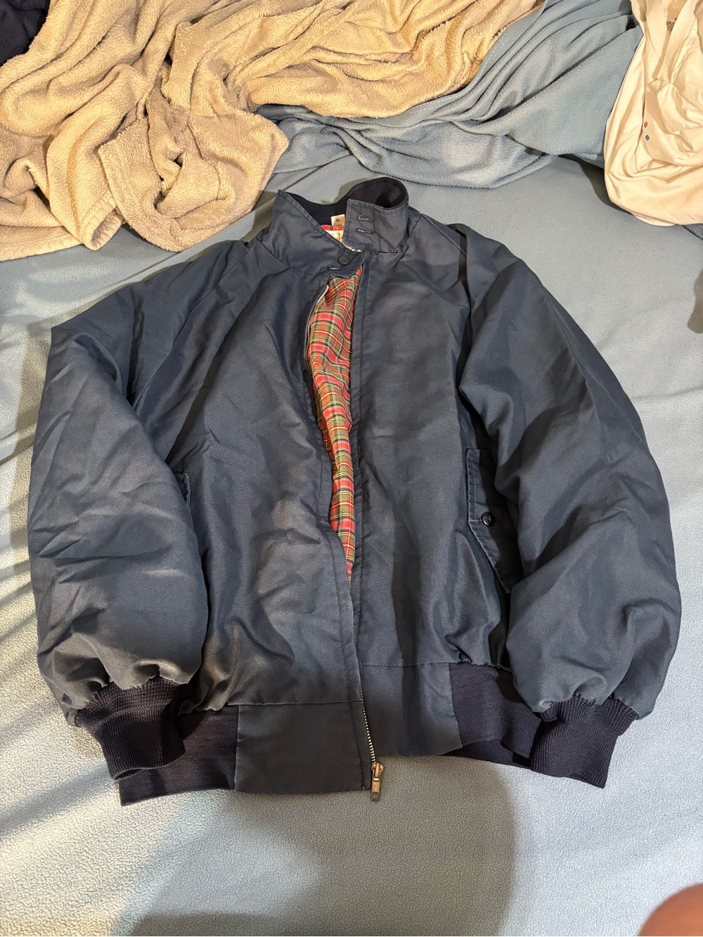 Men's Navy Bomber Jacket with Plaid Lining